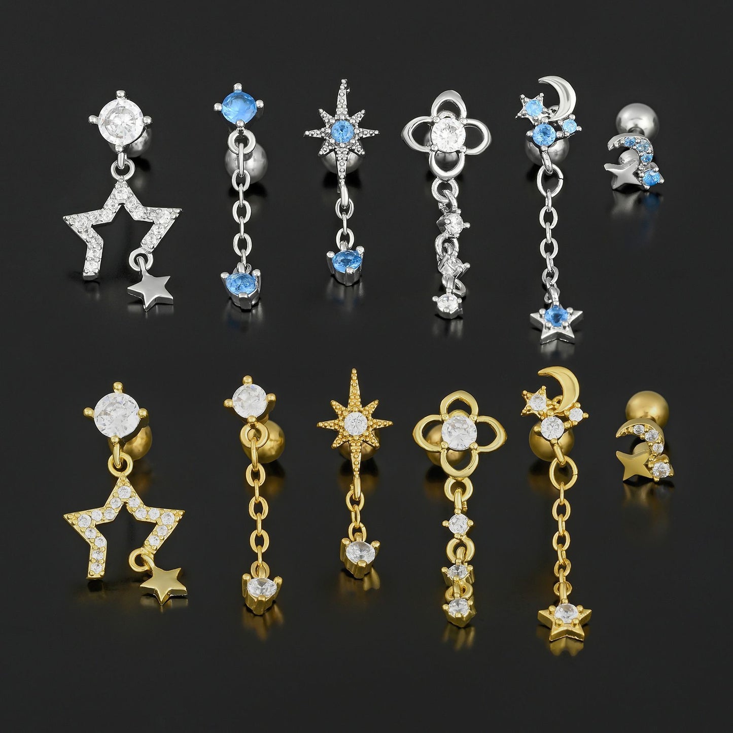 Micro Inlaid Zircon Geometric Piercing Ear Bone Rings