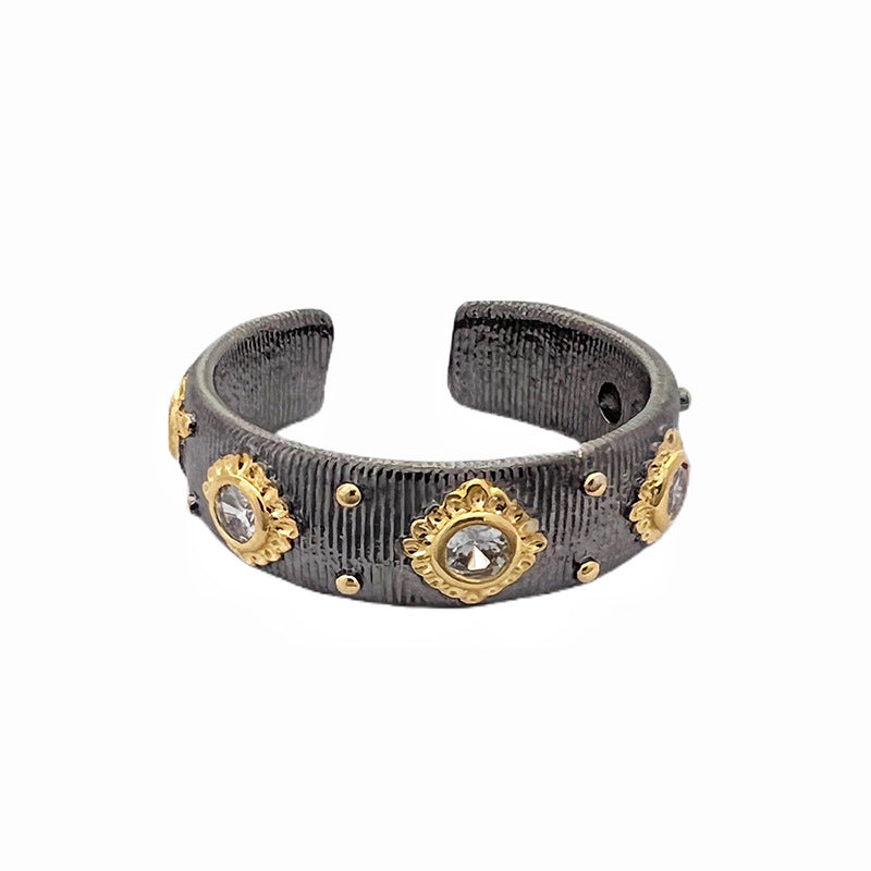 Brushed Woven Carved Gold Black Electroplated Two-color Open Rings